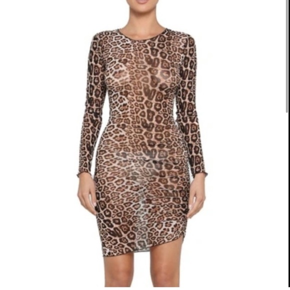Tiger Mist Aarya Sheer Leopard Print Long Sleeve Body-Con Dress Size small - Picture 2 of 11